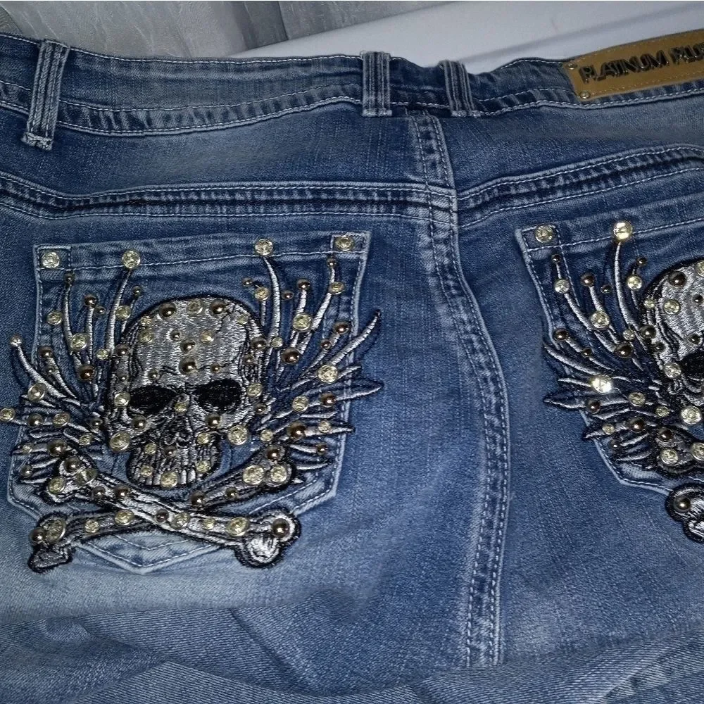 Platinum Plush Skull Crossbones Rhinestone Jeans NWT